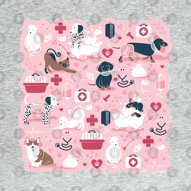 Veterinary medicine, happy and healthy friends // pastel pink background red details navy blue white and brown cats dogs and other animals by SelmaCardoso